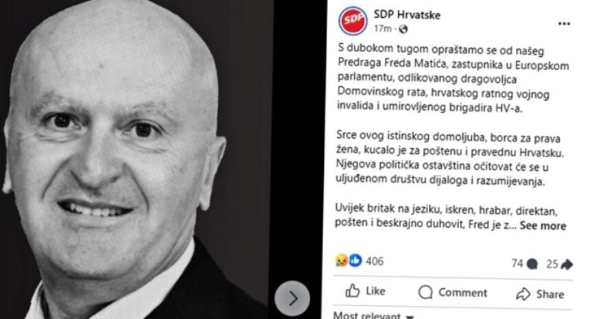 SDP HRVATSKE POVODOM SMRTI PREDRAGA FREDA MATIĆA: Srce istinskog domoljuba kucalo je za poštenu i pravednu Hrvatsku