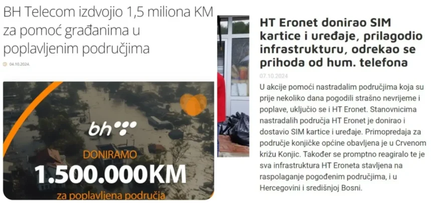 BH Telecom dao 1,5 miliona KM za pomoć žrtvama poplava: HT Eronet kartice