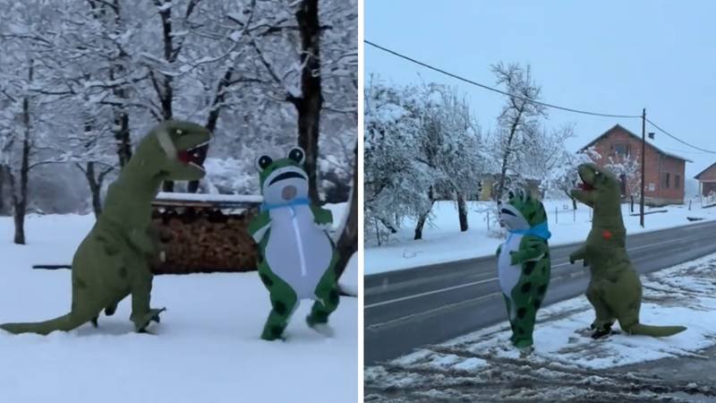 VIDEO Žaba i dinosaur zabavili djecu na skijalištu u Omanovcu: ‘Grudali su nas cijelo vrijeme’